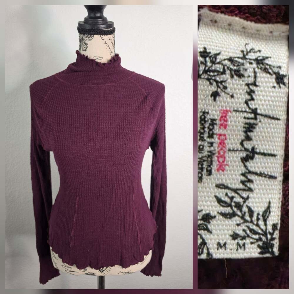 Free People Make It Easy Thermal Top Women M Base Layer High Mock Neck Burgundy